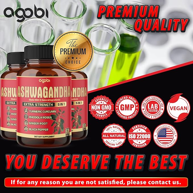 3 Packs 60 Capsules - Ashwagandha Supplement 5200mg - 5in1 with Ginger Turmeric Rhodiola Rosea &amp Black Pepper - Stamina &amp Body Health Support - 6-Month Supply