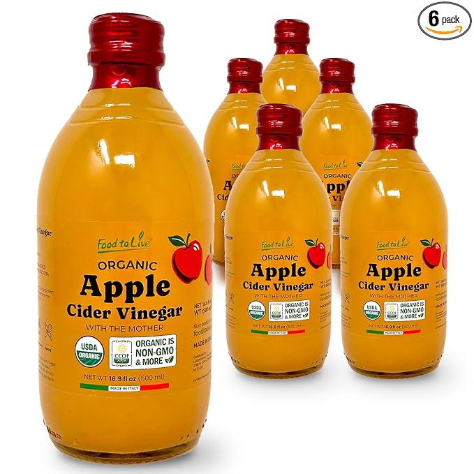Food To Live Organic Apple Cider Vinegar 500 ml – Raw Italian Natural Vinegar with the Mother Unfiltered Unpasteurized Non-GMO Vegan Bulk Glass Bottle (Pack of 6)