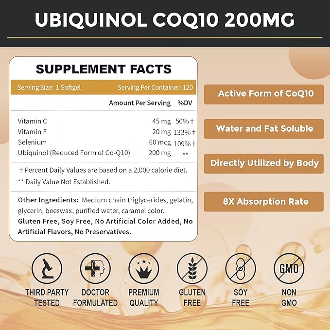 ZEBORA Ubiquinol CoQ10 200mg Softgels 4-in-1 Powerful Antioxidant for Heart and Vascular Health Essential for Energy Production Max Absorption Active Form of CoQ10 120 Softgels (Pack of 2)