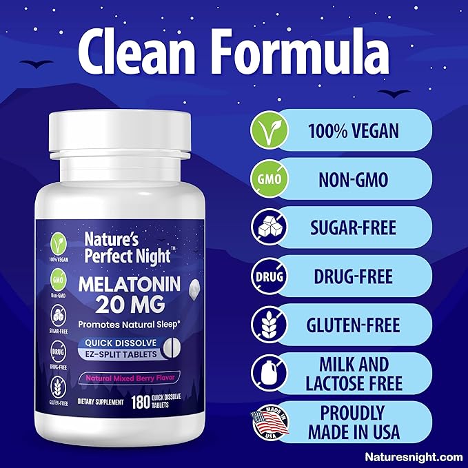 Nature's Perfect Night Melatonin 20mg Quick Dissolve Mixed Berry 180 Count with Serenity Magnesium Powder 15 oz Lemon Raspberry