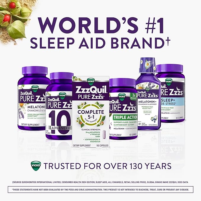 ZzzQuil Pure Zzzs Complete Sleep Melatonin 10mg L-Theanine GABA with Ashwagandha and Magnesium Melatonin Sleep Aid 60 Count