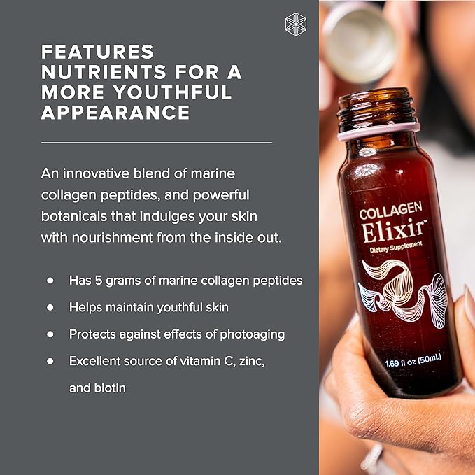 Isagenix Collagen Elixir - Drink with Marine Collagen Peptides - Support a Youthful Appearance with Vitamin C Zinc &amp Biotin - 10 Bottles (1 Box)