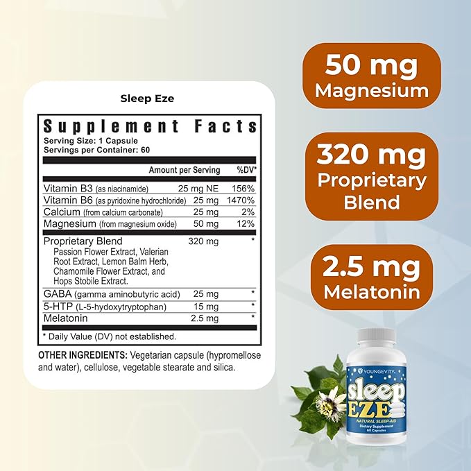 Youngevity Sleep Eze - Natural Sleep Support - Valerian Root Passion Flower 5-HTP Melatonin - Non-Habit Forming - Sleeping Support Supplement - (60 Capsules)
