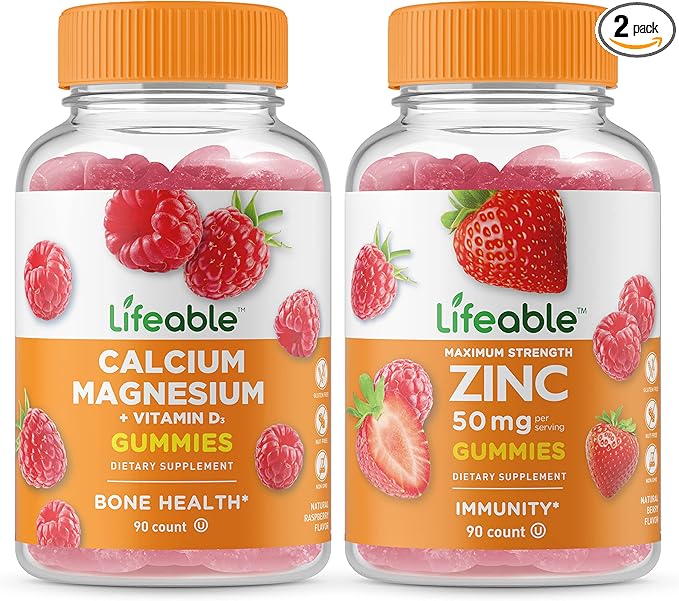 Lifeable Calcium Magnesium + Zinc 50mg Gummies Bundle - Great Tasting Vitamin Supplement Gluten Free GMO Free Chewable
