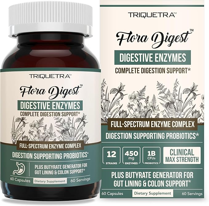 Flora Digest - 3-in-1 Max Strength Digestive Enzymes + Gut Surviving Probiotics &amp ButyraGen® Postbiotic for Optimal Digestion Bloating Relief Regularity Gut Lining &amp Colon Support - (60 Cap