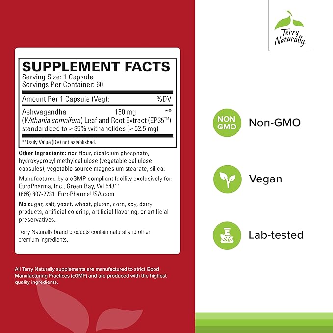 Terry Naturally Ashwagandha EP35 Extra Strength - Herbal Supplement for Sleep Support - Aid Healthy Stress Response - Endurance &amp Energy Support - 60 Capsules (60 Servings)