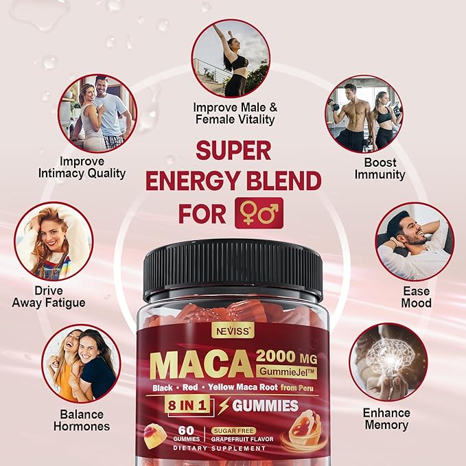 2 Pack Sugar Free Maca Root Gummies 2000mg with Ashwagandha Tribulus Terrestris Rhodiola Panax Ginseng L Arginine &amp L Tyrosine - Organic Black Red Yellow Maca Root for Women Men Energy Support