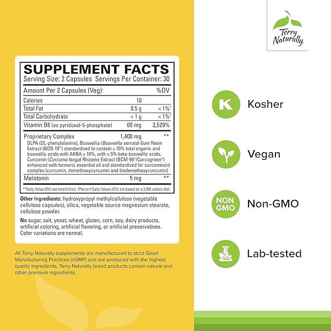 Terry Naturally Curamin Nighttime - Curcumin &amp DLPA Capsule Supplement - Non-GMO Supplement to Support Healthy Sleep &amp Relaxation - Herbal Supplement with Melatonin - 60 Capsules