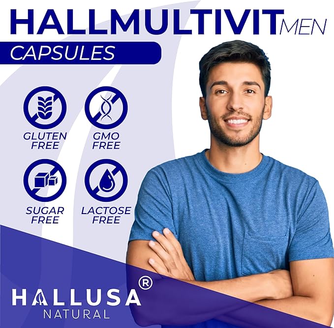 Hallusa Natural HallMulvit Men - Multivitamin for Men Heart Muscle &amp Immune Support + Biotin Iron Vitamin B12 Vitamin C Vitamin E Folate Calcium Magnesium Zinc &amp More - 60 Capsules