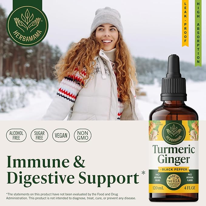 HERBAMAMA Turmeric and Ginger Supplement - Vegan Immune Complex with Liquid Turmeric with Ginger and Black Pepper Extract - Non-GMO Alcohol &amp Sugar-Free Immunity Drops - 56-Day Supply