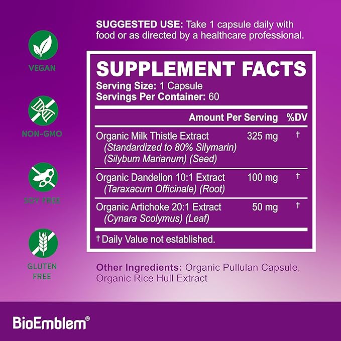 BioEmblem USDA Organic Liver Cleanse - 80% Silymarin Milk Thistle Extract for Liver Health and Liver Function with Dandelion &amp Artichoke Extracts - 100% Vegan Non-GMO - Herbal Liver - 60 Capsules