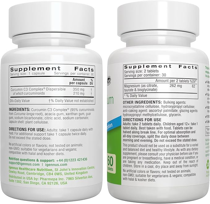 Triple Magnesium Complex + High Absorption Curcumin C3 Complex Vegan Bundle High Absorption Chelated Glycinate Taurate &amp Citrate Magnesium + 300% Greater Absorption Curcuminoids with Rapid Upta