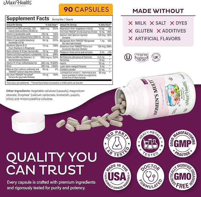 Womens Multivitamin – Methylated Multivitamin for Women with 23 Key Vitamins C D B6 B12 Calcium Probiotics Biotin &amp More – Energy Skin Nails &amp Gut Health Support – Kosher (90 Capsules)