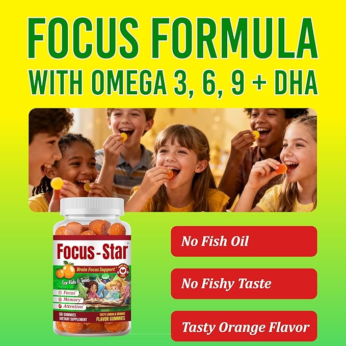 Omega 3 for Kids Gummies Focus Supplement for Kids &amp Teens Vitamins for Kids Attention &amp Concentration Support Kids Omega 3 Teen Omega 3 Supplement 60 Count