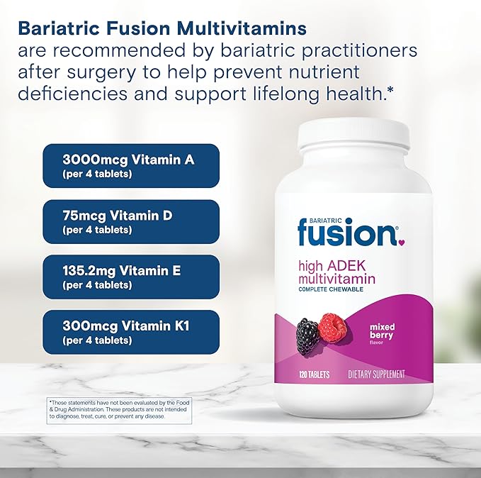Bariatric Fusion Chewable Multivitamin with High ADEK Vitamins | Multi for Duodenal Switch Patients | Mixed Berry Flavored Tablets | with Iron and Calcium | One Month Supply