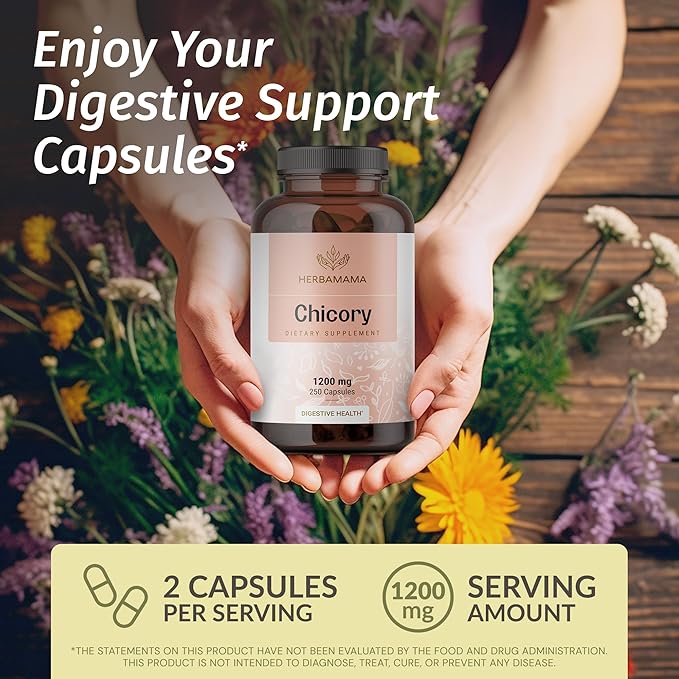 HERBAMAMA Chicory and Milk Thistle Kit - Bundle of 1200 mg Chicory Root Capsules &amp Milk Thistle Tincture 4 fl oz - Vegan Non-GMO Sugar &amp Alcohol-Free - 2 Pack