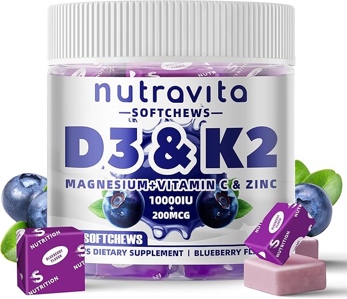 Nutravita Sugar-Free Vitamin D3 K2 Chews with Calcium + K2 (MK-7) Magnesium Citrate Vitamin C Extra Strength - Ultimate Absorption for Bone Muscle Teeth Immune Vegan - 60 Count-Blueberry Flavor