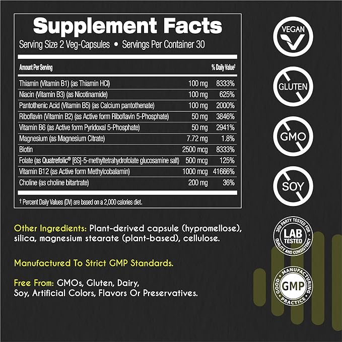 myBrainCo. Active-B Complex – High Strength Activated B Vitamin Supplement with B2 B6 B12 &amp Methyl Folate – Supports Energy Brain Function &amp Nervous System – 60 Vege-Capsules