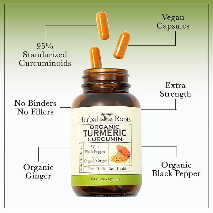 Herbal Roots - Turmeric Curcumin Capsules - Extra Strength - 1000mg Pure Organic Turmeric Supplement 95% Standardized Curcumin Extract with BioPerine Pepper and Ginger