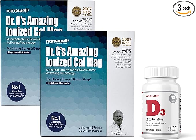 Dr. G's Amazing Ionized Cal Mag - Bone Health Calcium Magnesium Powder Supplement - 60 Sticks x 2 Packs + 1 Bottle of Vitamin D3