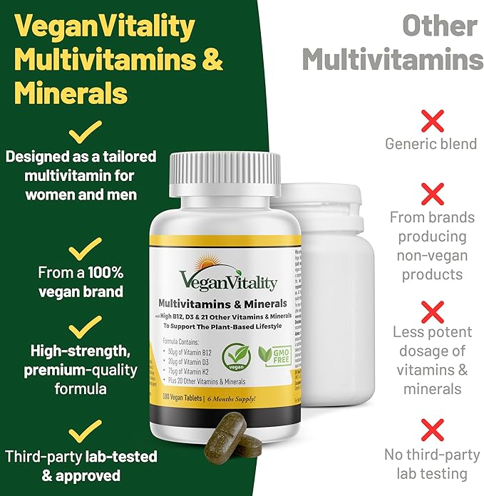 Vegan Vitality Multivitamins &amp Minerals for Women and Men with High Strength Vitamin B12 D3 &amp K2. 180 Vegan Multivitamin Tablets - 6 Months Supply. Vitamins for Vegans. Women Multivitamin