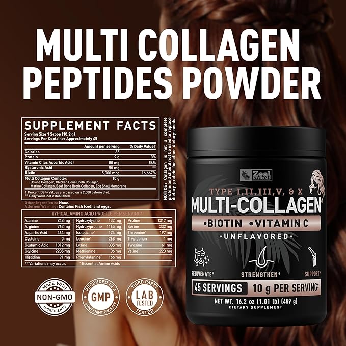 Zeal Naturals Multi Collagen Protein Peptides Powder Types I II III V X - Vitamin C Biotin &amp Hyaluronic Acid - Hair Skin &amp Nails - Marine Bovine Chicken &amp Eggshell - Unflavored 45 Ser