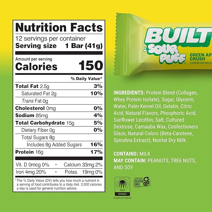 BUILT Bar Sour Puff Protein Bars - Green Apple Crush - 16g Protein Snack Bars with Collagen - Calorie Conscious &amp Gluten Free - 12 Count