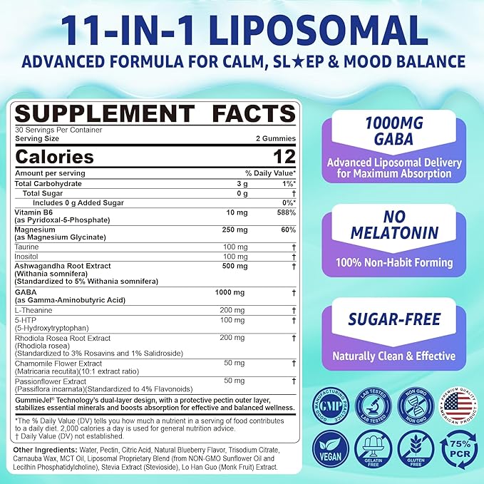 GABA Gummies 1000mg - Liposomal Calm Mood Gummies with L-Theanine Magnesium Glycinate Ashwagandha 5htp Inositol Melatonin-Free for Zzz Better GABA Supplements for Adult Sugar-Free 60Cts