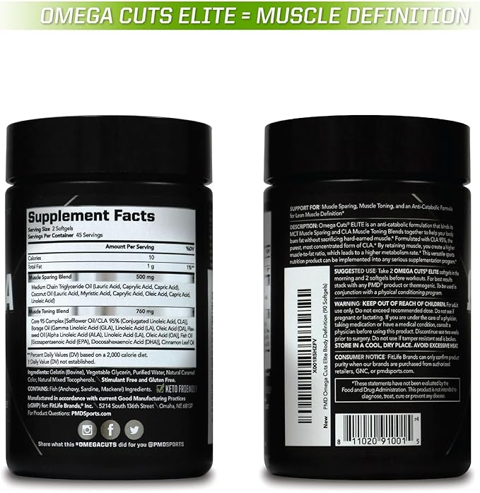 PMD Sports Omega Cuts Elite Fat Loss-Muscle Defining Formula - Omega Fatty Acids MCT's and CLA for Muscle Definition and Maintenance - Keto Friendly for Women and Men - Stimulant Free (90 Softgels)
