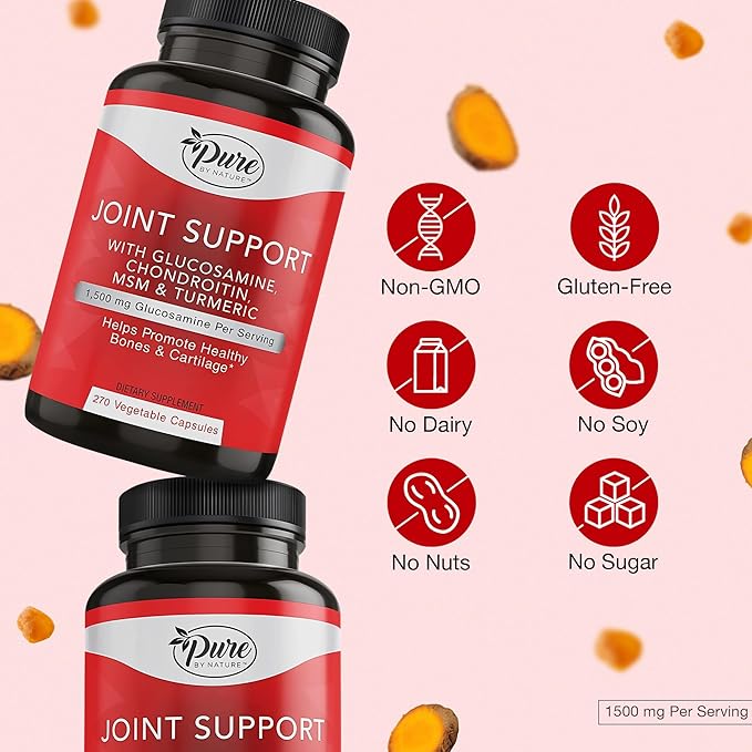 Pure By Nature Joint Support Glucosamine with Chondroitin Turmeric MSM Boswellia Supplement 270 Capsules
