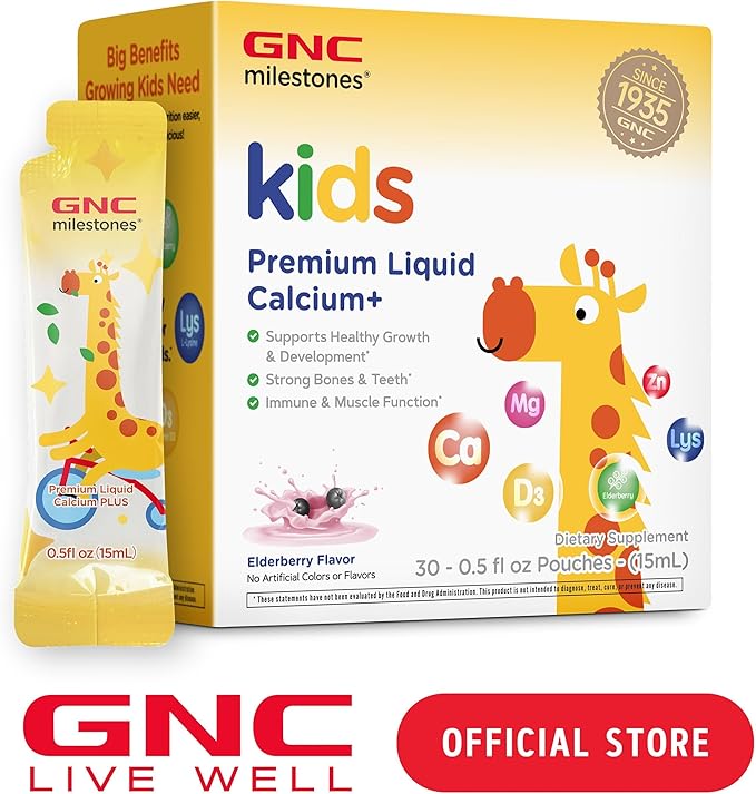 GNC Milestones Kids Premium Liquid Calcium+ Supplement Supports Healthy Growth &amp Development Strong Bones &amp Teeth for Kids 3 &amp Above Elderberry Flavor 30 Count