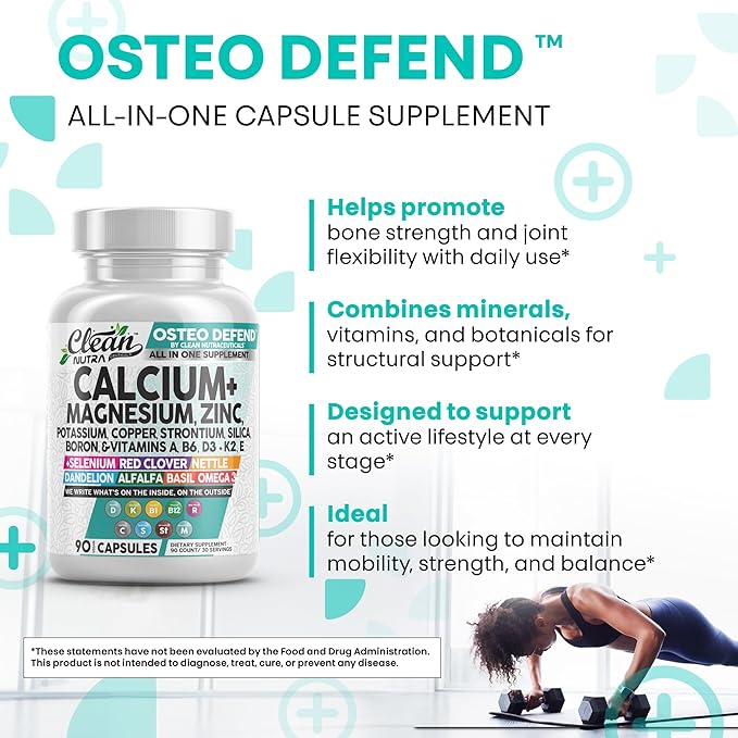 Allin1 Calcium Magnesium Zinc Supplement with Potassium Copper Strontium Silica Vitamin D3 K2 Boron Vitamin B1 B12 Red Clover Herb Alfalfa Basil Pills for Men &amp Women Clean Nutra Osteo Defen