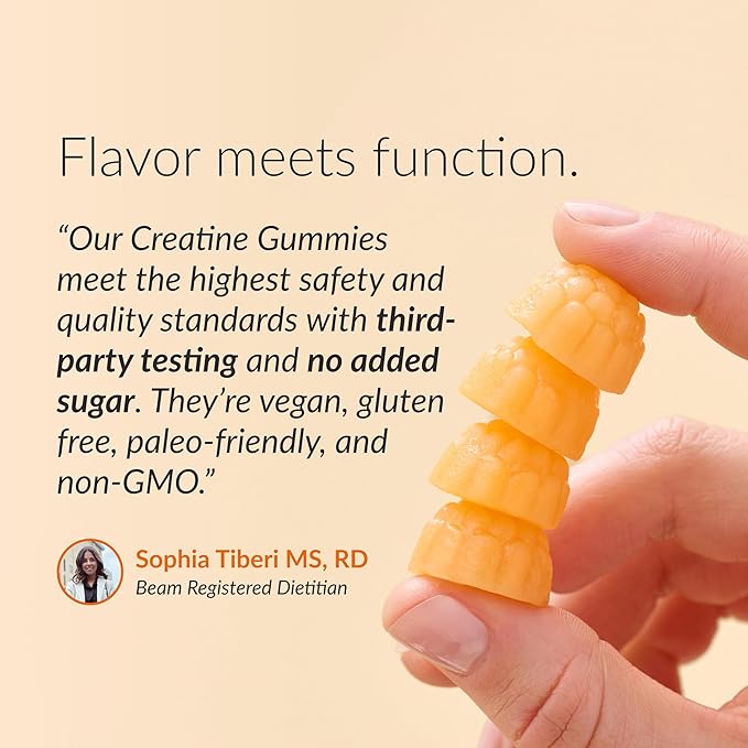 Beam Creatine Gummies – Creatine Monohydrate Gummies with 5g Creatine Sugar Free Muscle Strength &amp Workout Recovery Support Creatine Gummies for Women and Men Orange Flavor Vegan 30 Servings