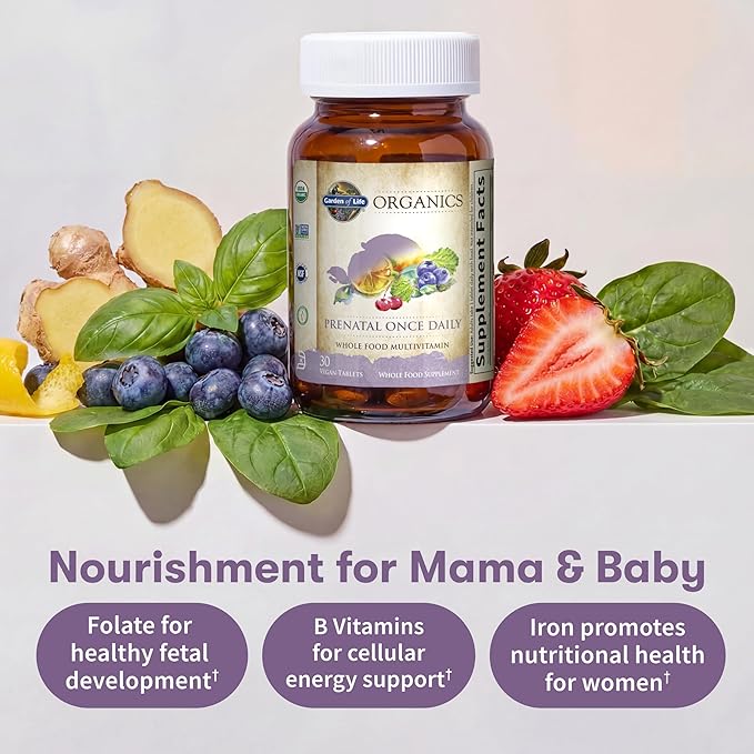 Garden of Life Organics Prenatal Vitamin: Folate for Energy &amp Healthy Fetal Development Non-constipating Iron Vitamin C B6 B12 D3 – Organic Non-GMO Gluten-Free Vegan 30 Day Supply