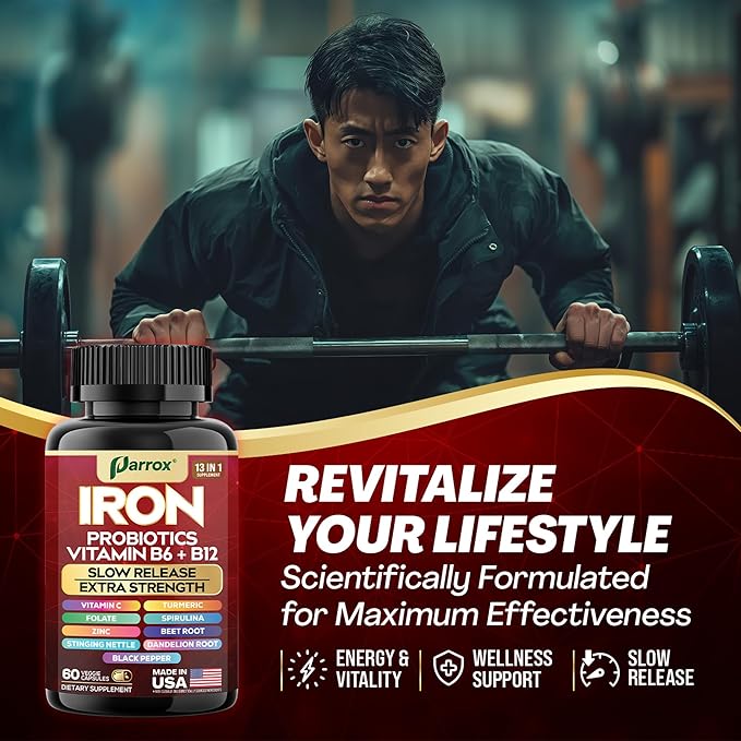 Iron Supplement Slow Release Iron Probiotics Spirulina Turmeric Vitamin B6 Methylated B12 Vitamin C Zinc Beetroot Nettle Leaf Dandelion Root Black Pepper Extra Strength 60 Capsules 2Pack