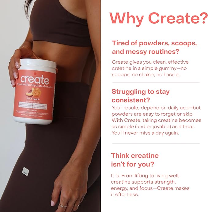 Create Creatine Monohydrate Gummies - Peach Pump Duo - Sour Peach &amp Sour Cherry - Creatine Gummies for Women &amp Men NSF Certified 3rd Party Tested Anti-Melting Formula 180 Count (2-Pack)