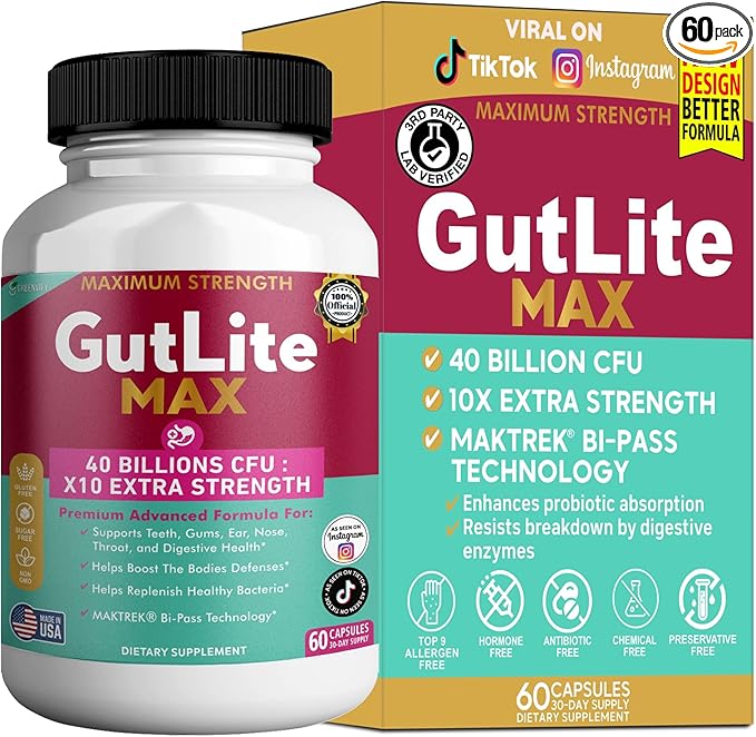 GutLite Max Probiotic Supplement Maximum Strength 40 Billion CFU 60 Capsules 30-Day Supply MAKTREK Bi-Pass Technology (1)