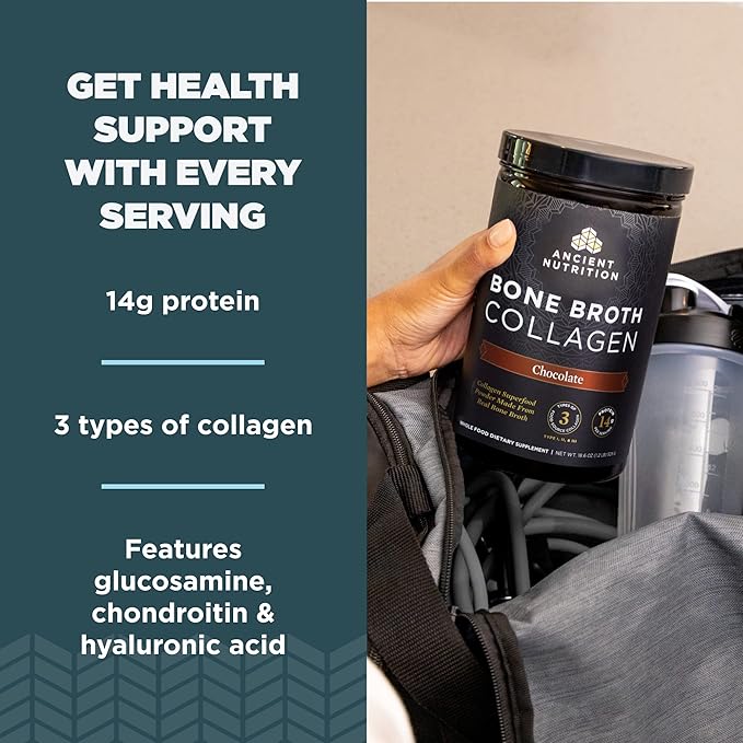 Ancient Nutrition Collagen Powder Bone Broth Collagen Chocolate Hydrolyzed Multi Collagen Peptides Supports Skin and Nails Joint Supplement 30 Servings 18.6oz