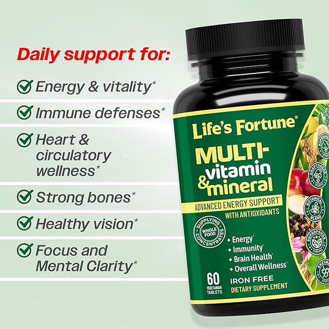 Life's Fortune Whole Food Multivitamin &amp Mineral Supplement for Men &amp Women | Daily Energy Support Vitamins | Immune Brain &amp Metabolism Support | Iron Free 60 Vegetarian Tablets