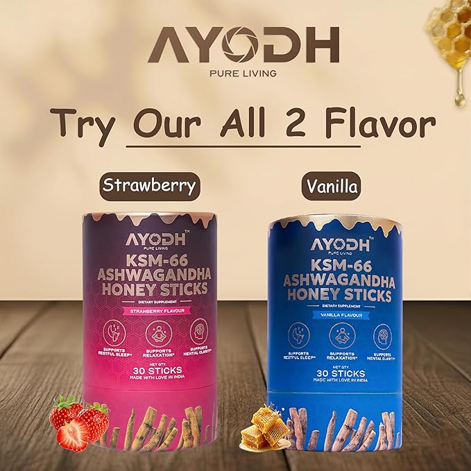 Ashwagandha Honey Sticks Ashwagandha KSM 66 Vanilla Syrup W Raw Honey Ashwagandha for Women/Men Easy To Consume Supports Relaxation Stamina Calmness &amp Immunity – Pack of 30 (0.25 Oz Each)