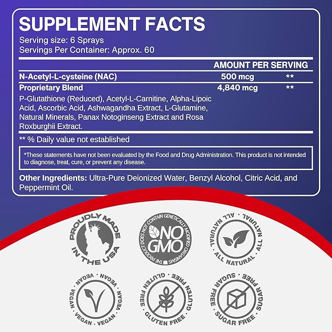 Liquid Liposomal Glutathione Spray - Maximum Absorption Glutathione Supplement with NAC Ashwagandha Glutamine Ascorbic Acid - Sublingual Easy Use - Immune &amp Detox Support - 4oz