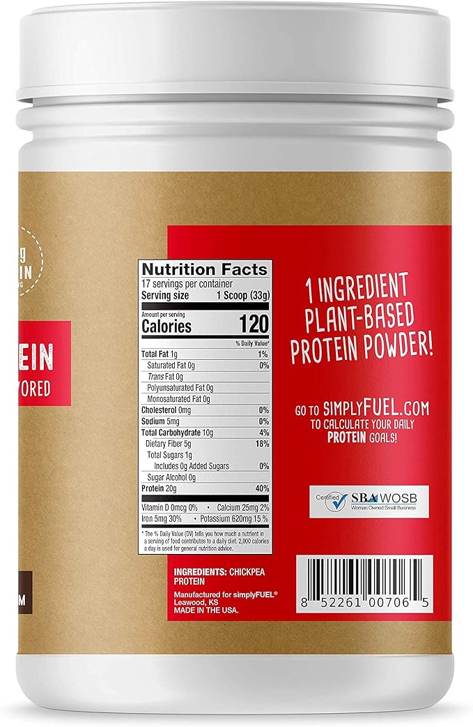 simplyFUEL Chickpea Protein Powder Organic &amp Plant-Based 20 g Protein High-Fiber Unsweetened No Stevia 1.25 lb
