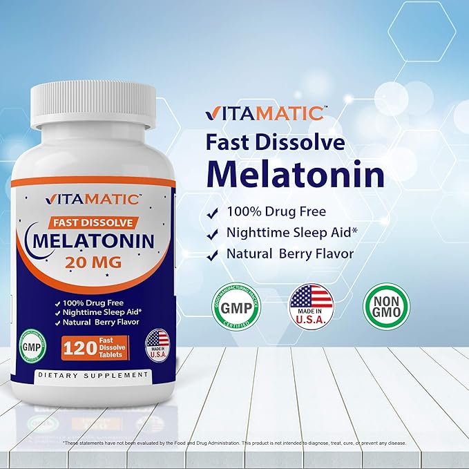 Vitamatic Melatonin Combo 20mg Melatonin Made with B6 Magnesium L-Theanine L-Tryptophan 5-HTP GABA Valerian Chamomile Passion Flower Ashwagandha &amp Black Pepper