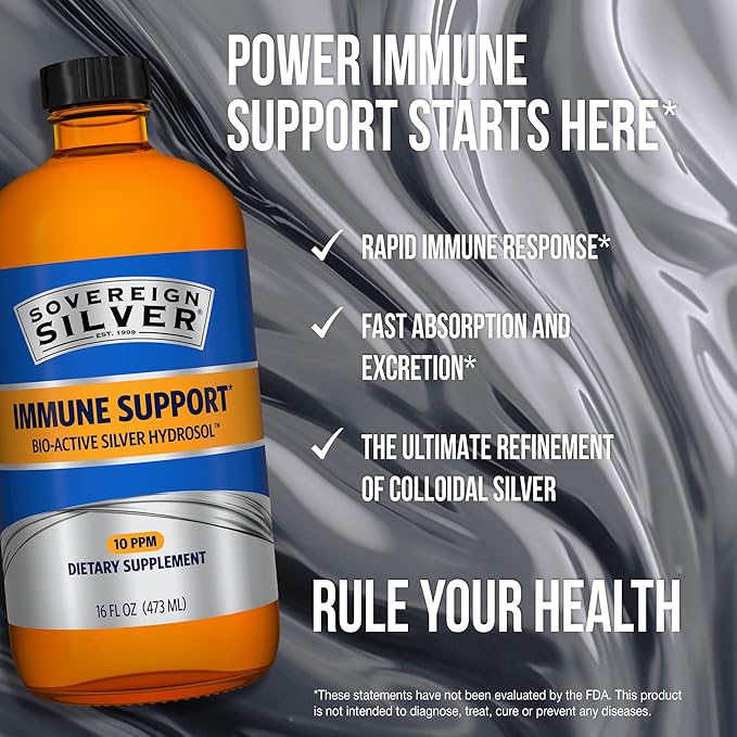 Sovereign Silver Immune Support - Colloidal Silver Bio-Active Silver Hydrosol 10 ppm Liquid Twist Top 16 Fl Oz (473 mL)
