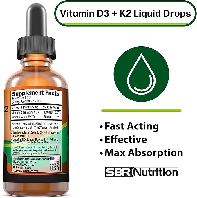 SBR Nutrition D3+K2 and B12 Bundle Vitamin D3K2 (MK7) Liquid Drops Peppermint 1oz | Vitamin B-12 3000mcg Liquid Drops 2oz | for Adults &amp Kids | Non-GMO Gluten Free