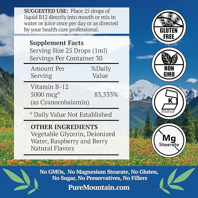 Pure Mountain Botanicals B12 Vitamin 5000 mcg – Kosher B12 Drops in 1oz Bottle with Natural Berry Flavor
