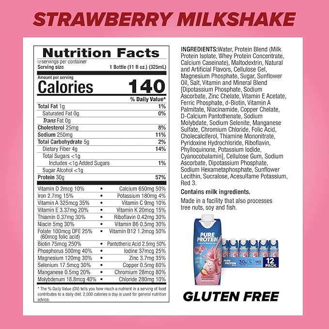 Pure Protein Strawberry and Vanilla Protein Shakes 30g Complete Protein 11oz Bottles 12 Pack Bundle