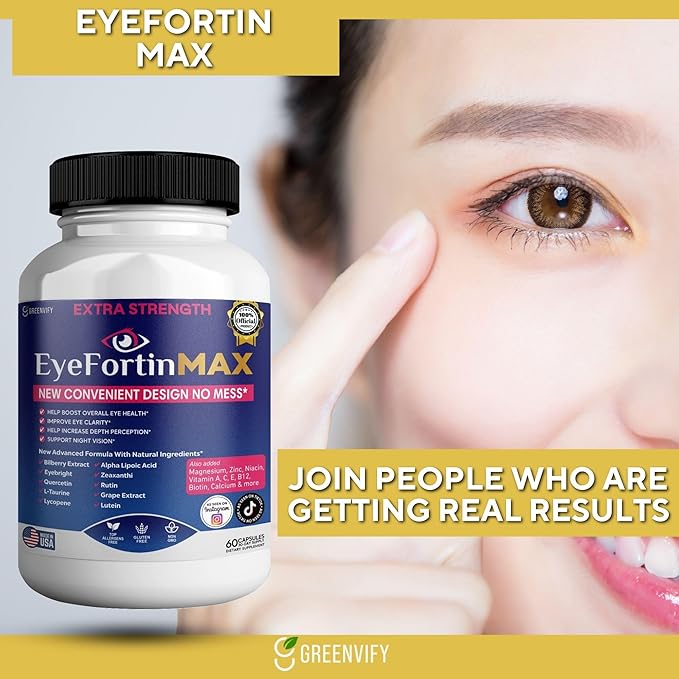 EyeFortin MAX Eye Health Supplement 60 Capsules Extra Strength with Lutein Vitamins A C E B12 Bilberry Extract 30 Day Supply (1)