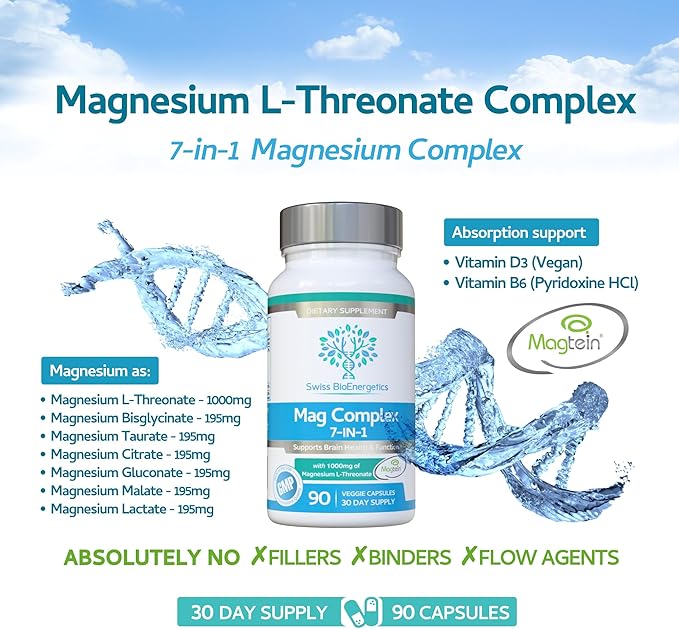 Magnesium L-Threonate Complex 7-in-1 with 1000mg of Magtein Plus Magnesium as Bisglycinate Taurate Citrate Gluconate Malate &amp Lactate - Supports Sleep - Vegan US Made and No Artificial Nastie