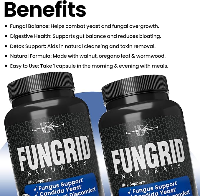 USK Unitech Fungrid Naturals | Fungus Support Supplement | Candida Supports Intestinal Health &amp Toe Nails Health | Herbal Blend with Walnut Oregano Leaf &amp Wormwood | 60 Vegetarian Capsules